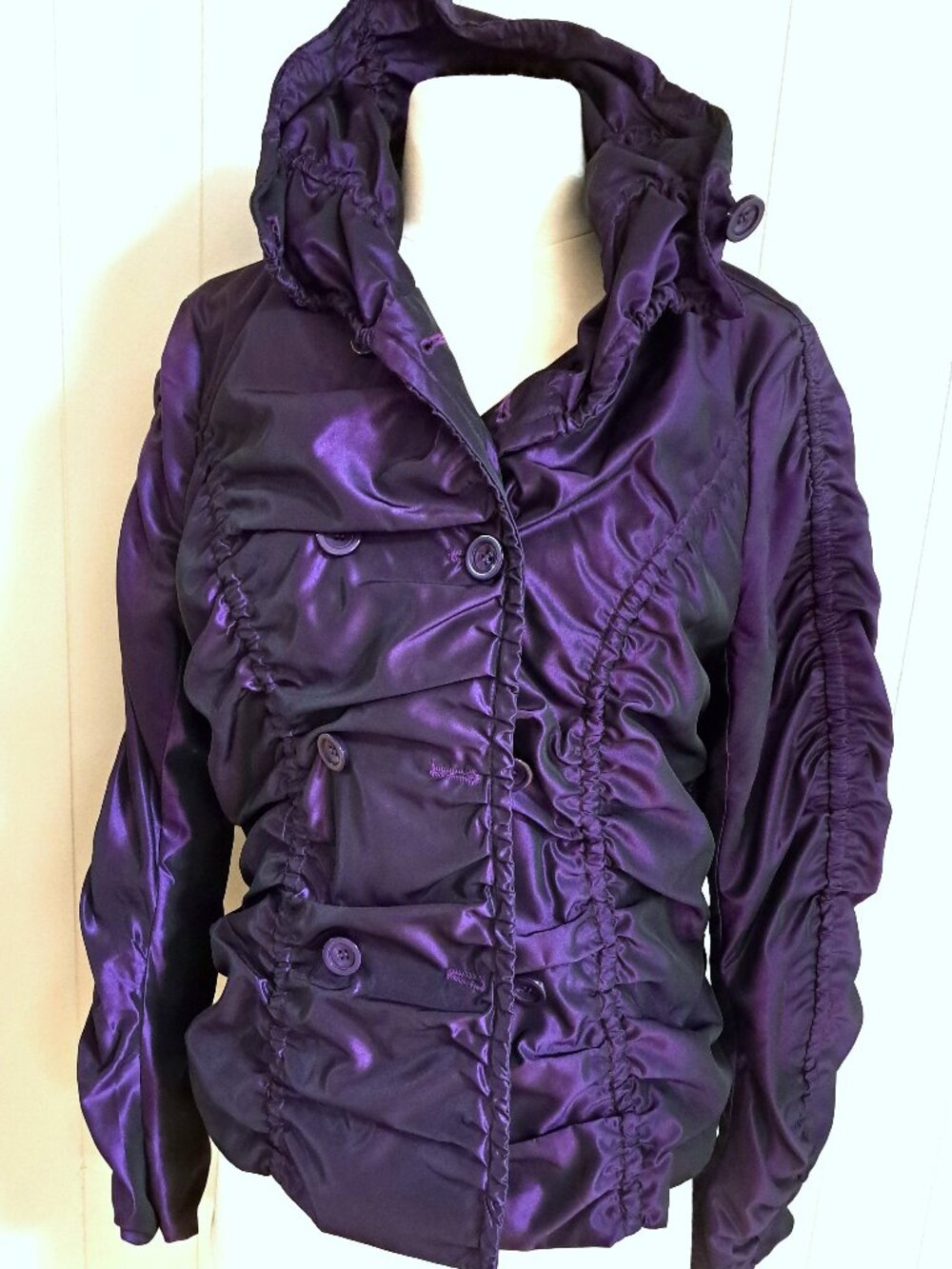 PURPLE KATHERINE BARCLAY LADIES PUFFY GATHERED JACKET SZ SM W METALLIC FINISH